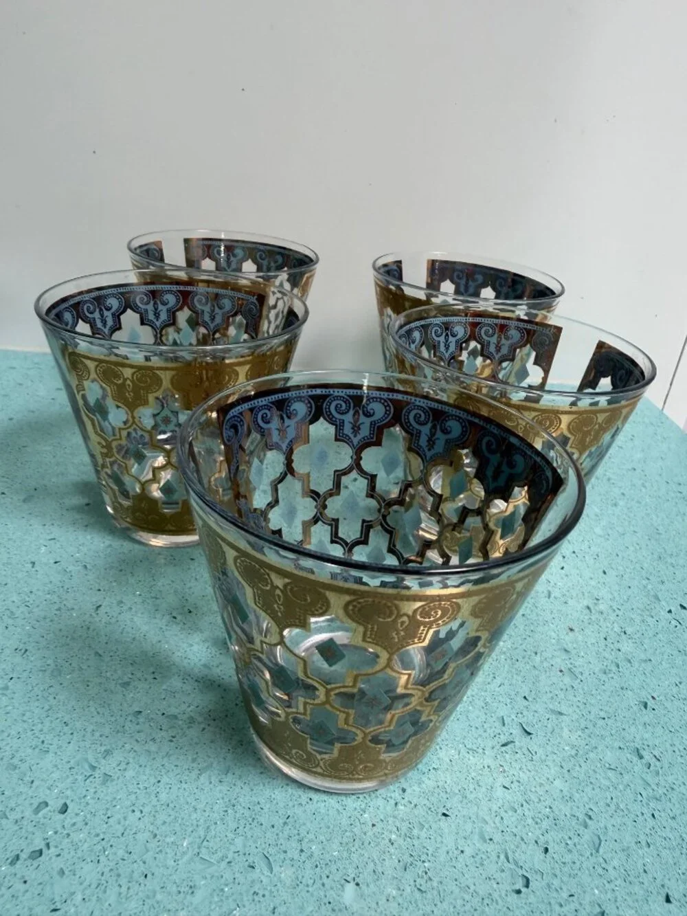 Culver Set of 5 MCM Seville 22K Gold Lattice Cocktail Glass Blue Vintage Rare